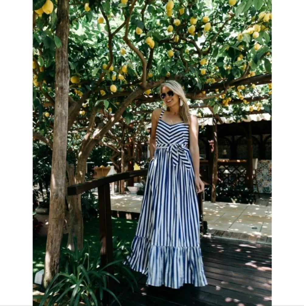 J. Crew Navy and White Striped Ruffle Maxi Dress